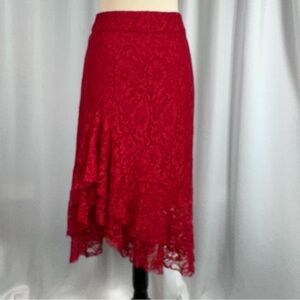 NWOT Who What Wear Red Lace Midi Skirt Size 8 Asymmetrical Hem Lined Goth Glam